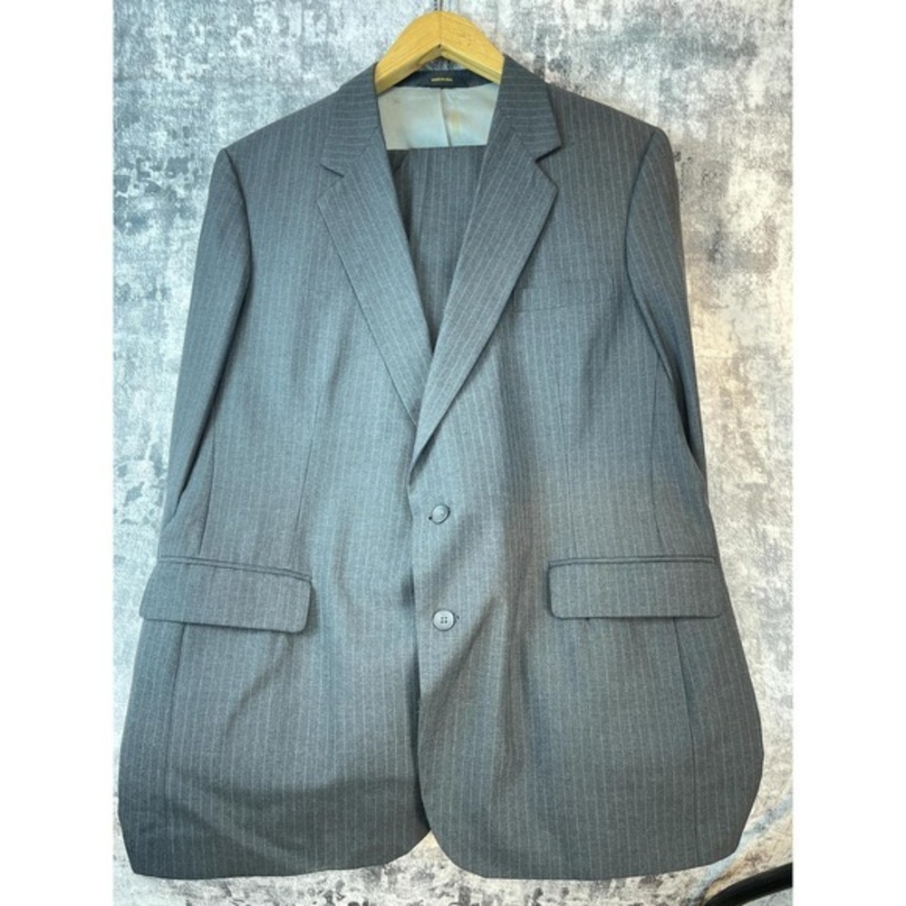 Vtg Imperial Haggar Men 46L 40x33 Wool Blend Gray Pinstripe Suit Made USA 90s